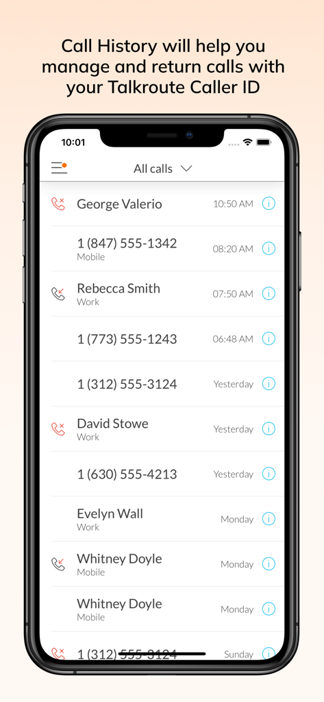 A screenshot of the Talkroute app on an iPhone showing a list of recent business calls in the call history menu.