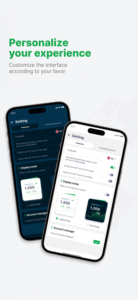 Pantalla de configuración de la aplicación iDragon que muestra opciones de personalización de modo claro y oscuro en dos dispositivos móviles