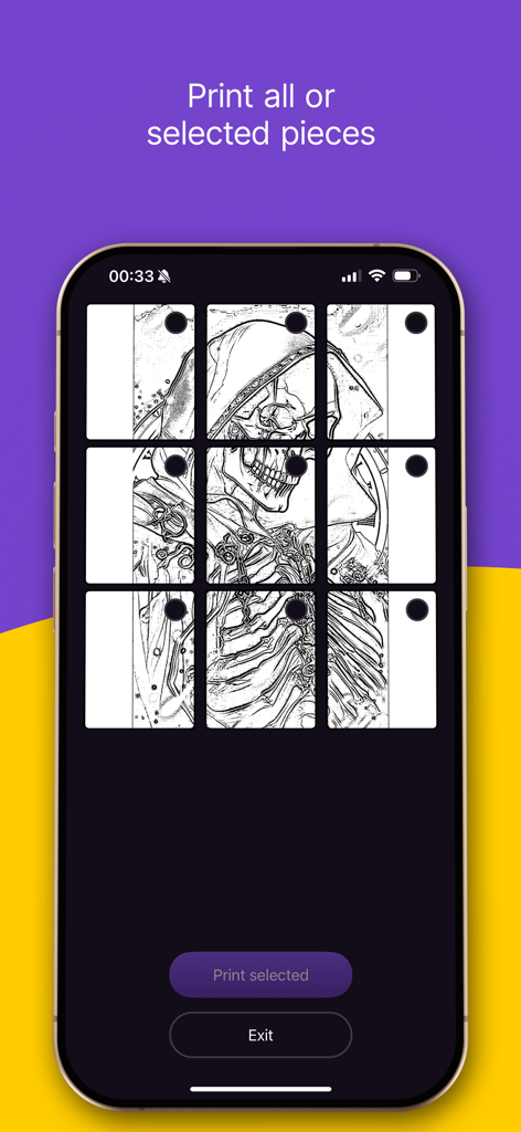 A smartphone interface showing a large skeleton tattoo design divided into a grid for printing in separate pieces