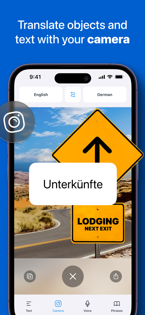 Smartphone using iTranslate camera feature to translate an English road sign into German