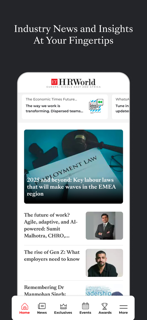 ETHRWorldME 앱 홈 화면에 HR 뉴스 및 노동법 기사가 표시됨