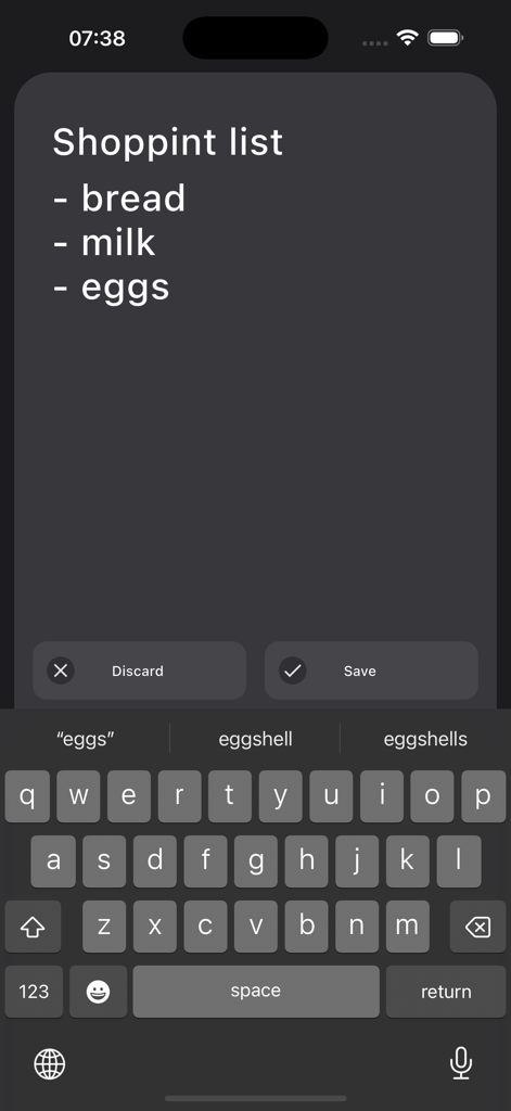 Mnemosyne: Mind's Archive - A minimalist dark mode interface in the Mnemosyne app showing a shopping list with options to save or discard.