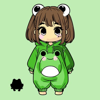 girl in baggy frog jumper