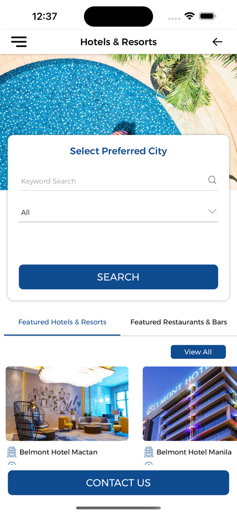 Club Access - Interface of the Club Access app for searching Megaworld hotels and resorts in the Philippines