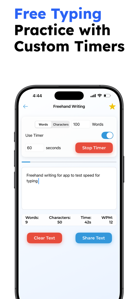 Speed Typing Test – WPM Check - Mobile app interface for freehand typing practice with a custom timer and real-time WPM tracking