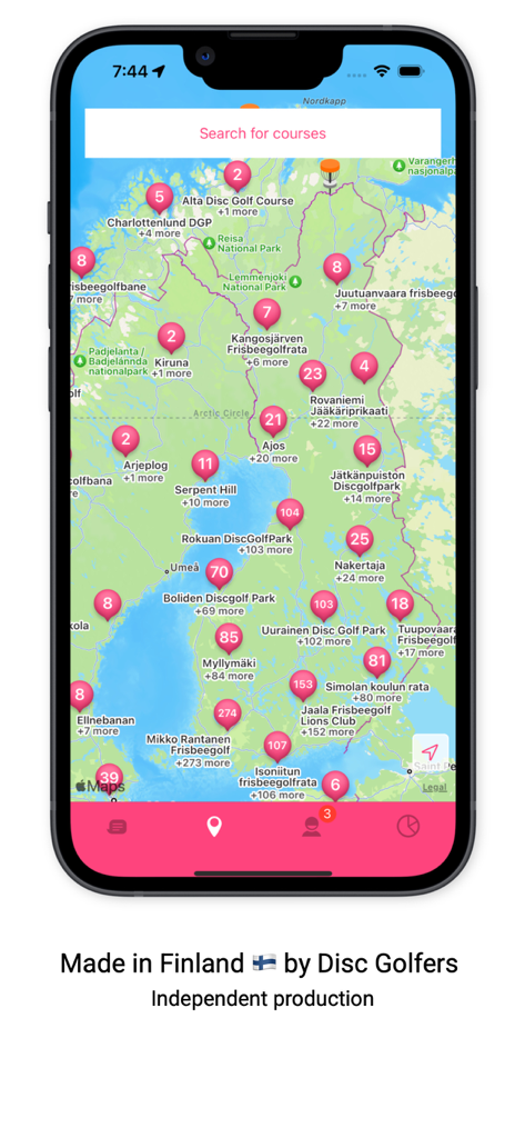 Interface of Upsi Disc Golf app showing a map with pins for various disc golf courses.