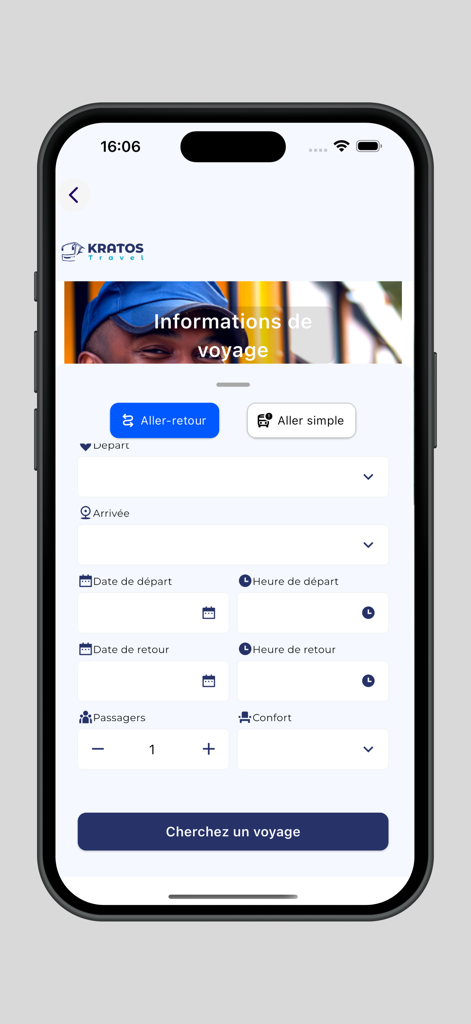 Kratos Travel - Formulario de reserva de la aplicación Kratos Travel para viajes en autobús en Camerún