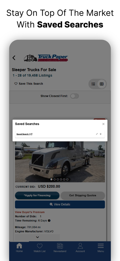 TruckPaper: Trucks For Sale - TruckPaper mobile app interface showing a saved searches list for sleeper trucks.