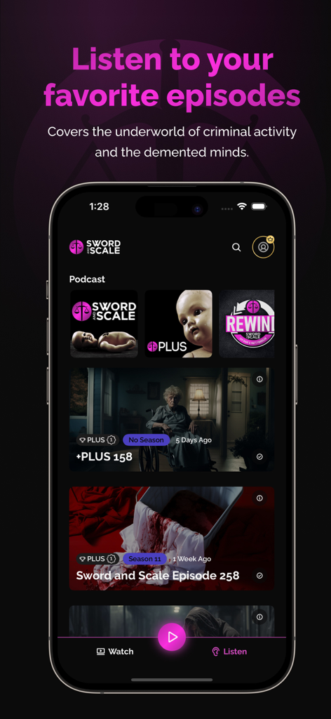 Sword And Scale - Sword and Scale true crime podcast app interface showing various episodes and plus content on a mobile device.