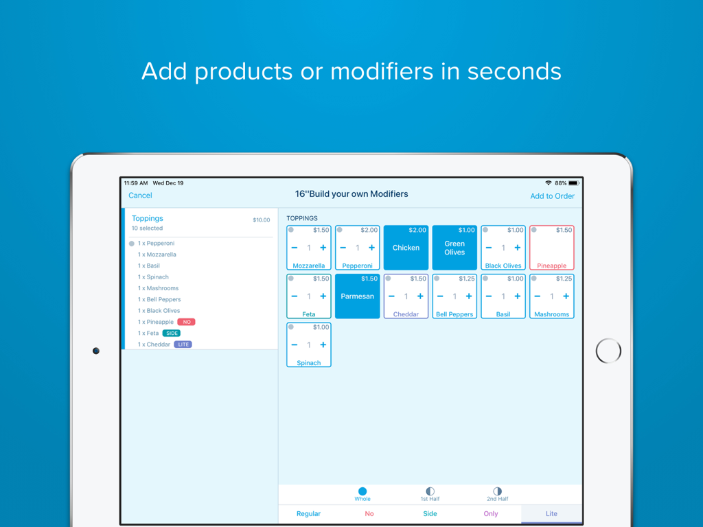 Revel POS app on an iPad showing the interface for adding and customizing product modifiers like pizza toppings.