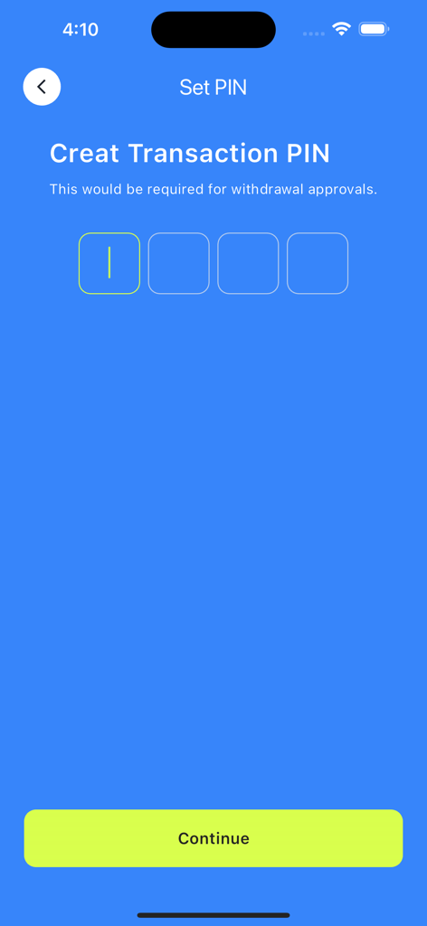 TradeCard - TradeCard app security screen to set a transaction PIN for secure withdrawals