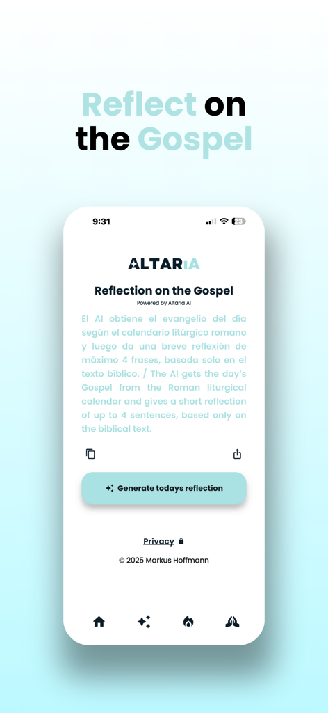 Altaria: AI Bible Soul Tracker - アルタリアアプリの画面に、AI搭載の福音反省機能が表示されています。