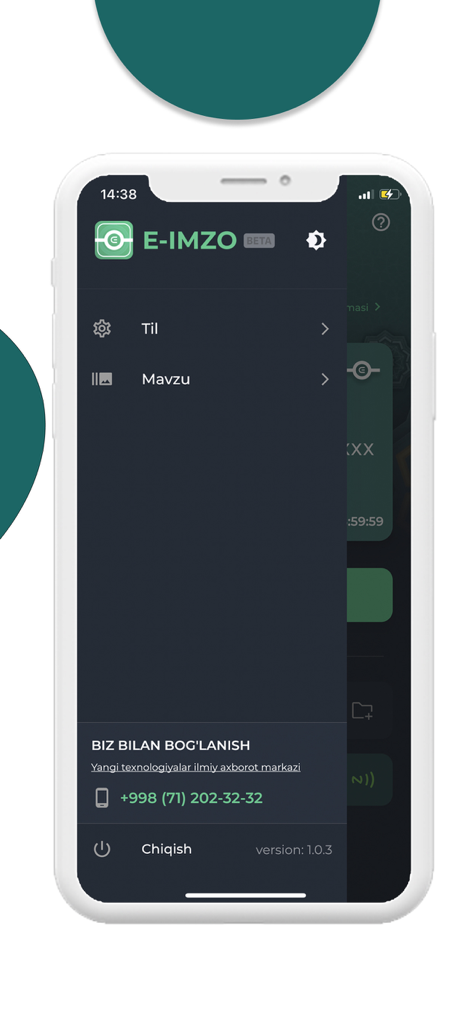 Interface of the E-IMZO app showing the side menu with settings for language and theme in Uzbek.