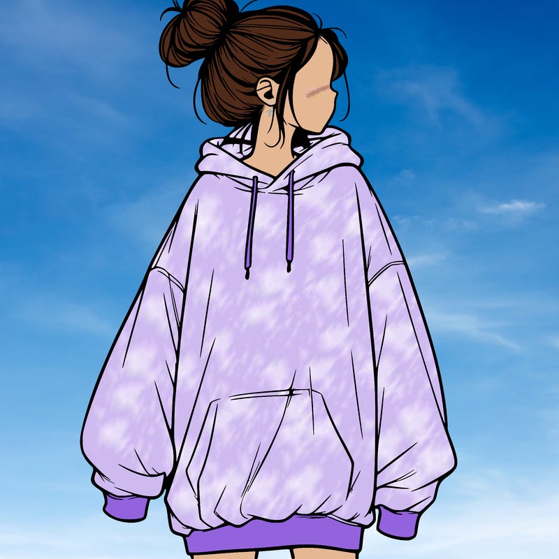 realistic girl with a oversized sweatshirt on and a bun