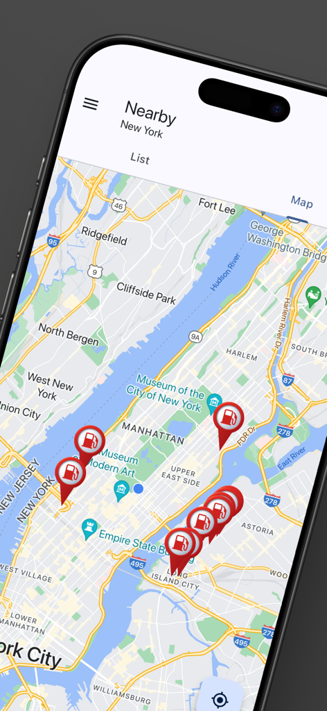 Map interface of the Gas Station and Fuel Finder app showing gas station locations in New York City