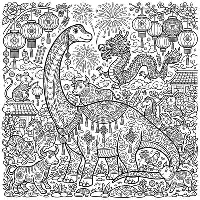 Unleash your creativity with this extraordinary coloring page featuring a magnificent Diplodocus celebrating the Lunar New Year. Adorned with intricate Asian patterns and surrounded by the twelve zodiac animals, this detailed design offers hours of artistic enjoyment for all ages.