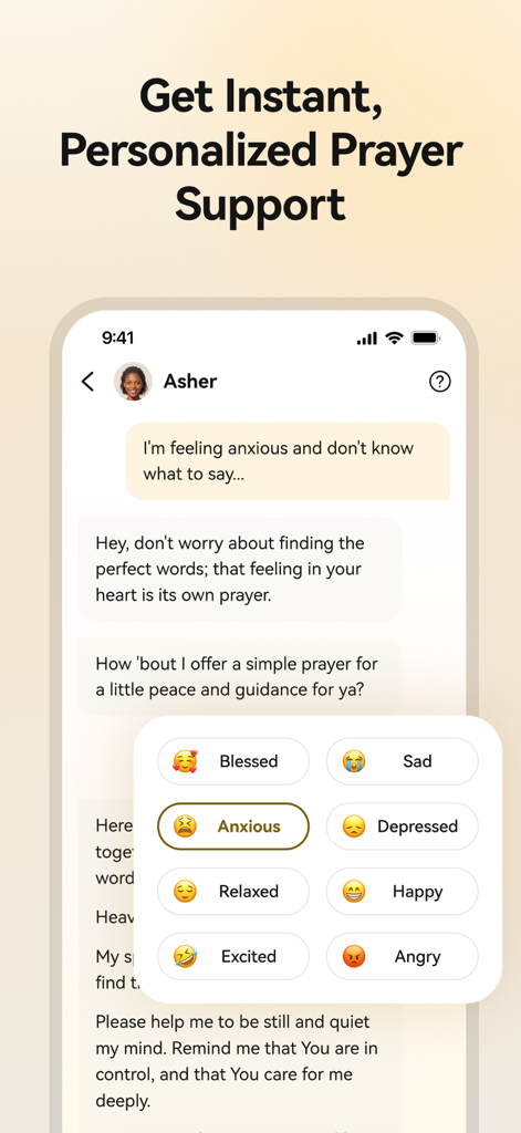 Interface showing personalized prayer support and emotion selection in the Blessed app