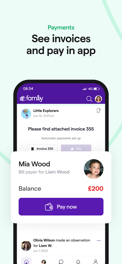 Famly App - Interfaz de la aplicación Famly que muestra una pantalla de pago con una factura y un botón 'Pagar ahora' para servicios de cuidado infantil