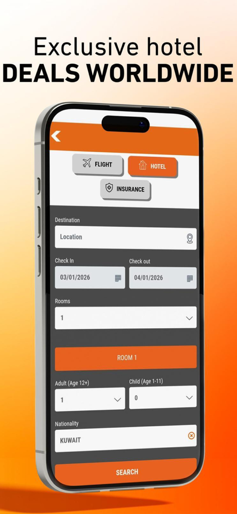 FlyBooking - Schermata di ricerca hotel dell'app mobile FlyBooking per offerte in tutto il mondo