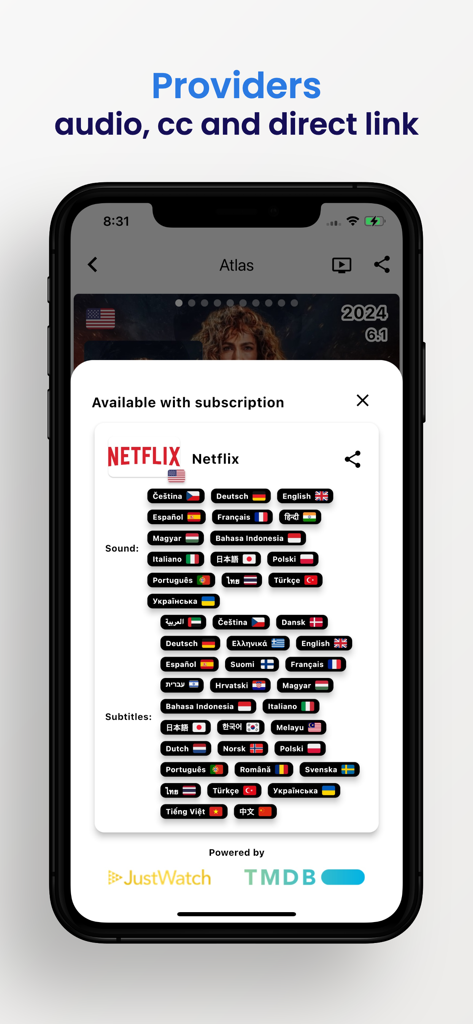 Mobile app screen showing Netflix streaming details with a list of available audio and subtitle languages for the movie Atlas