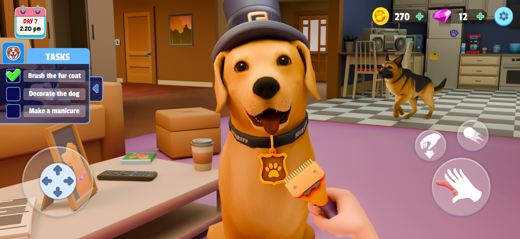 Dog Simulator: My Pets - Grooming a golden retriever with a top hat in Dog Simulator My Pets