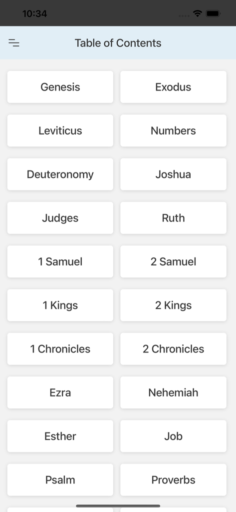 Alkitab Indonesian Bible - Table of Contents screen in the Alkitab app showing a list of biblical books from the Old Testament