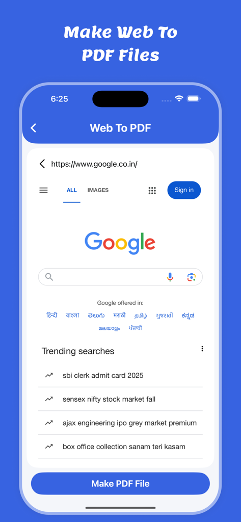 Web To PDF : Scanner & Reader - ウェブページがPDFドキュメントに変換されている様子を示すモバイルアプリの画面。