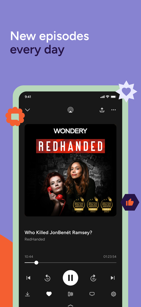 Interfaz del reproductor de la aplicación iVoox que muestra un episodio de podcast de true crime de RedHanded titulado 'Who Killed JonBenet Ramsey'