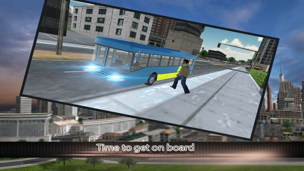 Modern city bus driver 3d : free simulation game - Uma simulação 3D mostrando um personagem embarcando em um ônibus azul em um ambiente urbano.