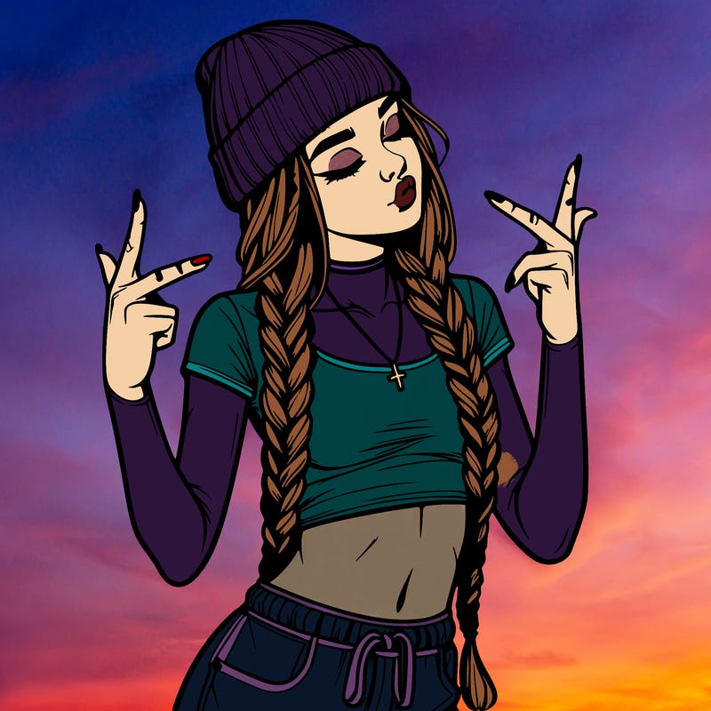 realistic teenage girl with braids and a beanie and crop top doing 🫶🏼