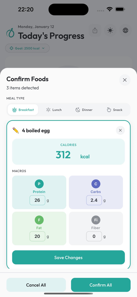 Calorie Tracker with AI app showing nutritional breakdown and macros for a breakfast of boiled eggs.