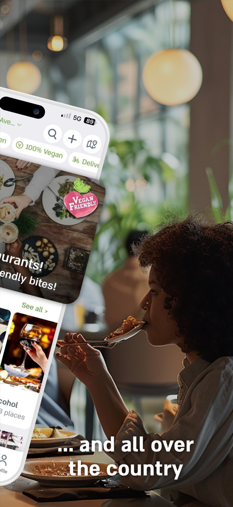 Vegan Friendly - A woman dining at a restaurant with the Vegan Friendly app interface showing national vegan dining options