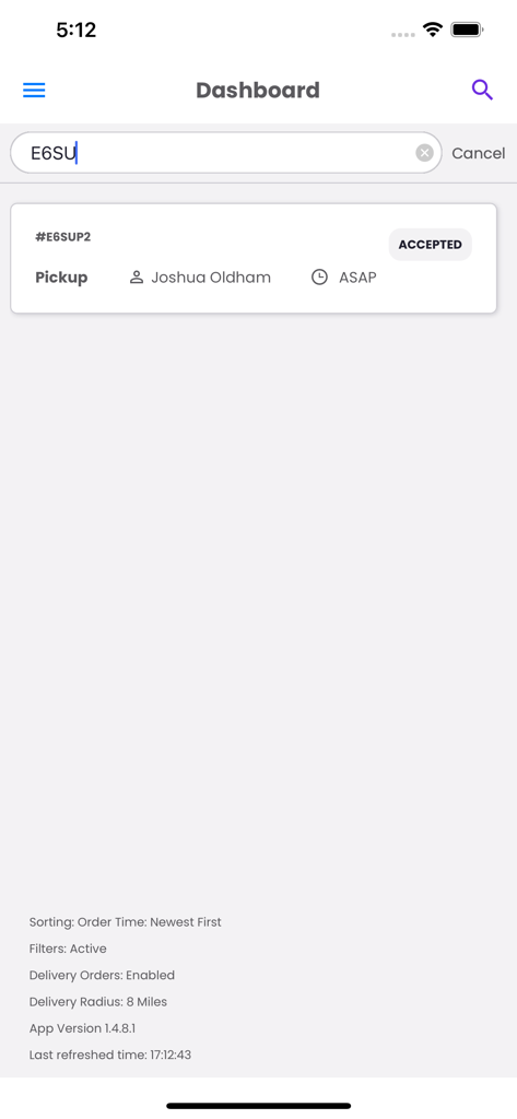 Slerp - Slerp partner dashboard showing an accepted pickup order for a customer