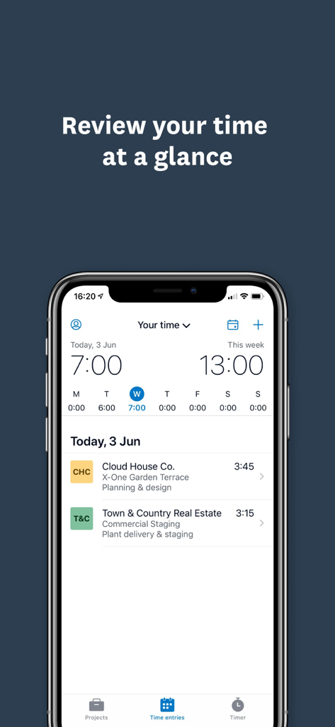 Xero Projects mobile app showing daily and weekly time entries for client tasks