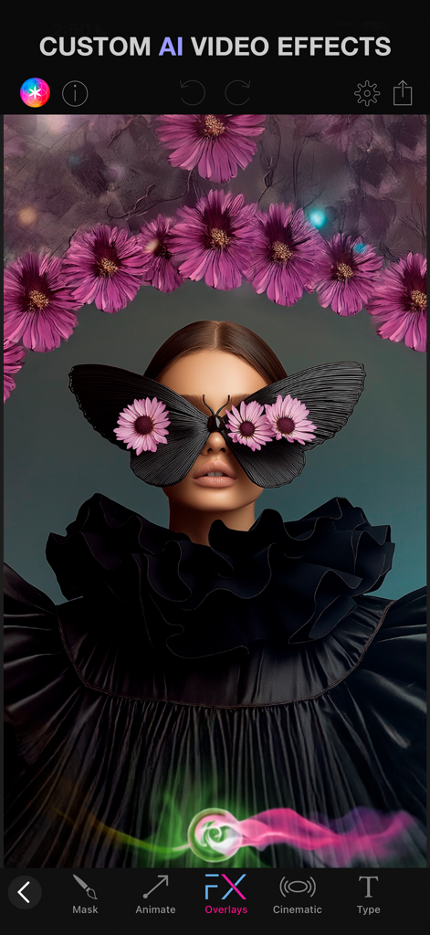 Interface of the Plotaverse app showing custom AI video effects applied to a surreal digital portrait of a woman with a butterfly