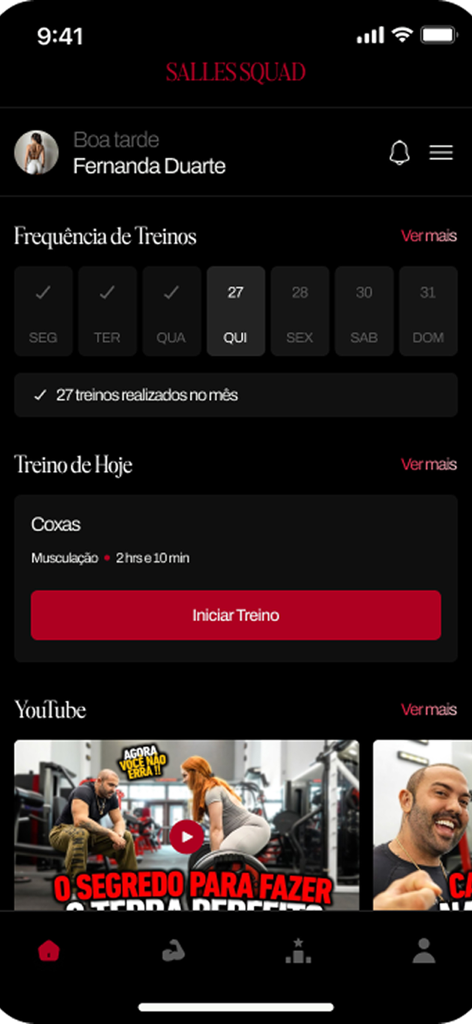 Luiz Salles - Dashboard of the SallesSquad app showing workout frequency and the daily training routine.
