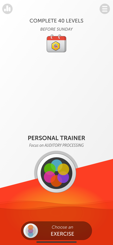 BrainHQ app interface showing a weekly goal to complete 40 levels and a personal trainer focus on auditory processing exercises.