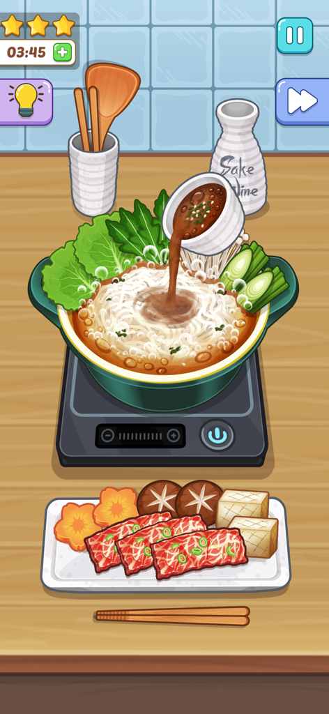 Cooking Paradise: DIY Food - A cooking simulation showing sauce being poured into a steaming hot pot with beef and vegetables