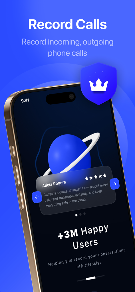 Callyo: Record & Memos - Callyo app interface showing call recording feature and user testimonial with over 3 million happy users