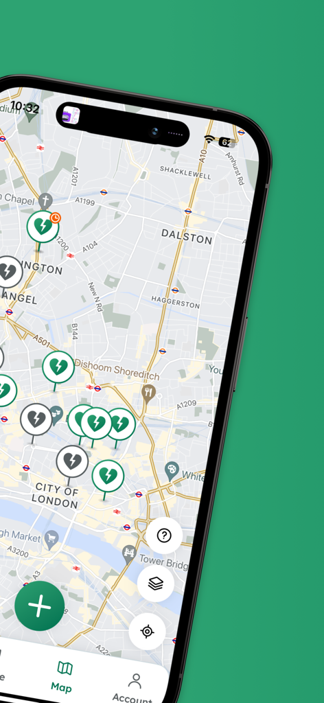 Staying Alive - Mobile app screen showing a map of London with heart icons indicating the locations of AED defibrillators.