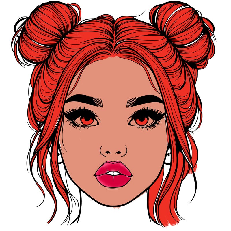 realistic girl with two buns on her hair and lips