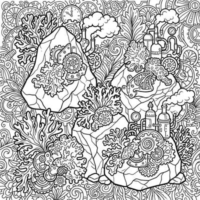Dive into an extraordinary world where natural marine lichens meet intricate steampunk machinery. This unique coloring template blends organic forms with gears, pipes, and Victorian industrial aesthetics.