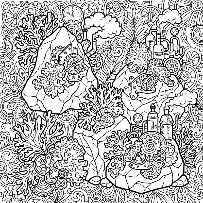 Dive into an extraordinary world where natural marine lichens meet intricate steampunk machinery. This unique coloring template blends organic forms with gears, pipes, and Victorian industrial aesthetics.