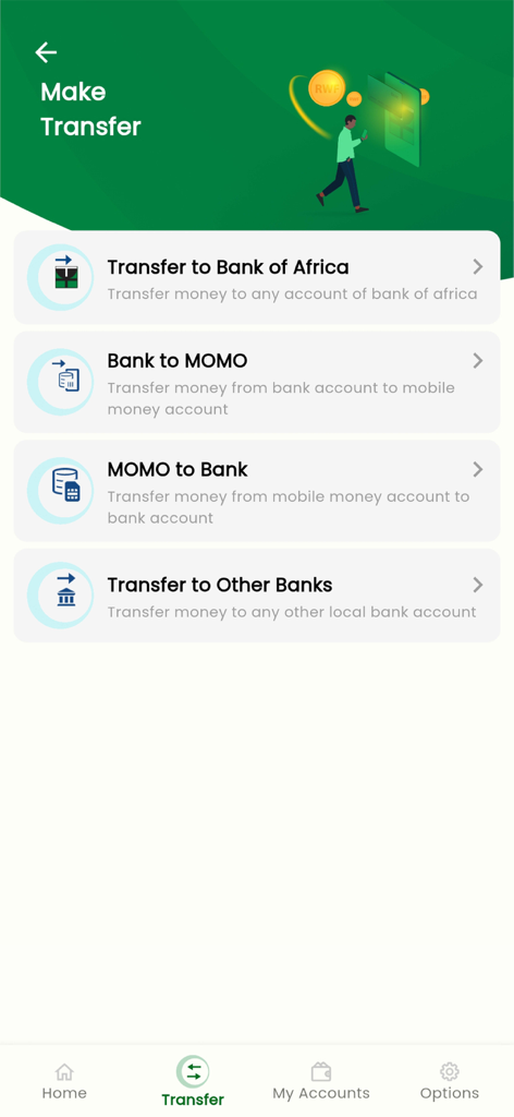 MyBOA - RWANDA - Interfaz de la aplicación móvil MyBOA Ruanda mostrando varias opciones de transferencia de dinero, incluyendo de banco a billetera móvil.