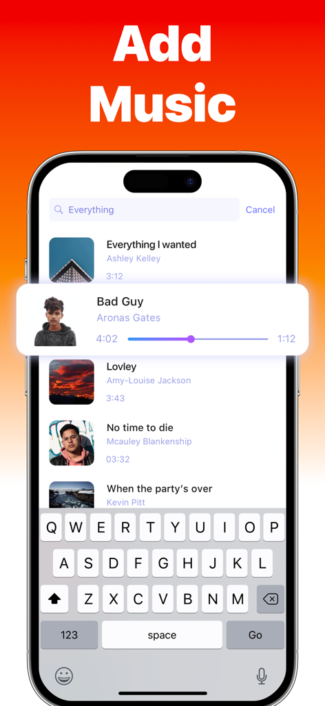 Clips - Video Editor - Interface for adding music to videos in the Clips app featuring a searchable song library.