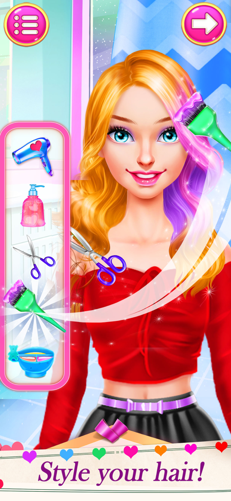 Makeup Games Girl Game for Fun - Uma personagem feminina em um jogo de salão de cabeleireiro pintando o cabelo com mechas rosa e roxas usando várias ferramentas de modelagem