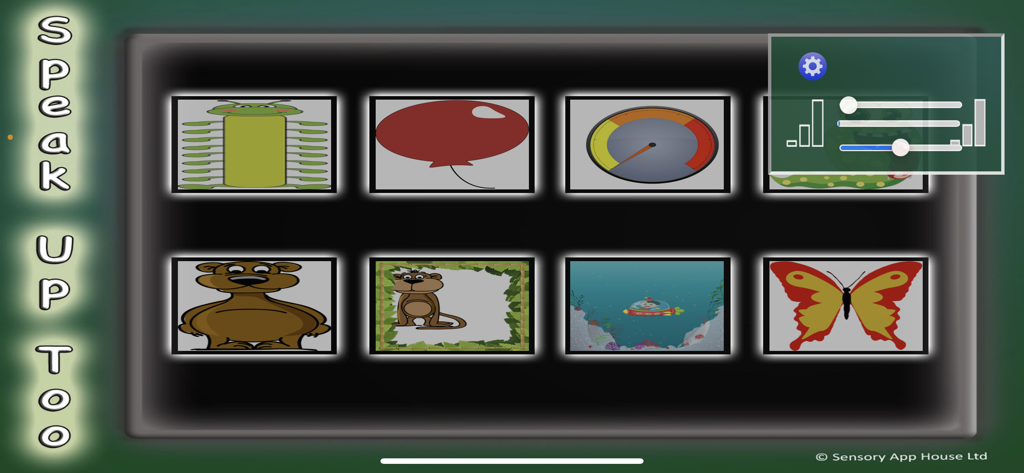 Speak Up Too - speech fun - Menú principal de la aplicación Speak Up Too con íconos interactivos y superposición de configuraciones de umbral de sonido.