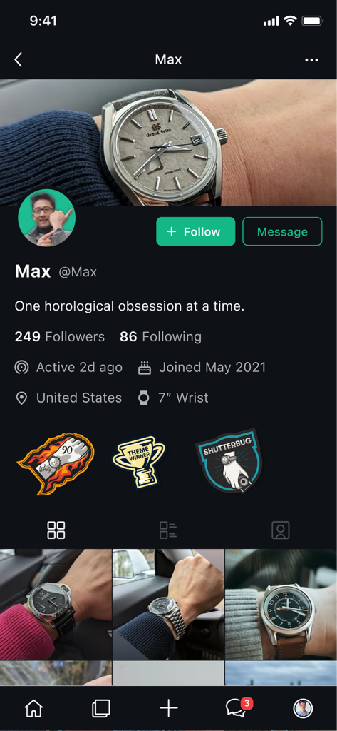 WatchCrunch Official - User profile interface on the WatchCrunch app featuring a watch collector bio and photo gallery