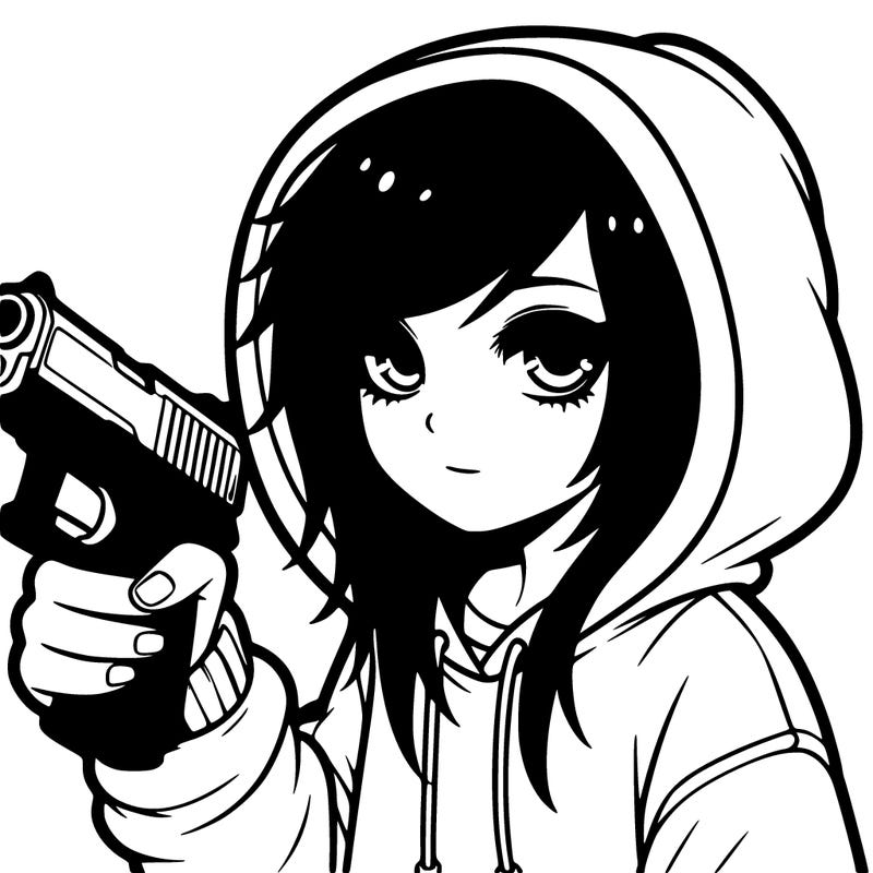 emo girl wearing a hoodie with a gun, pointing it