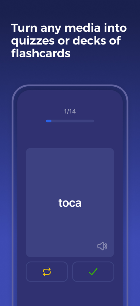 Lingoal: Languages with media - Écran de smartphone affichant un quiz de vocabulaire sous forme de cartes mémoire dans l'application d'apprentissage des langues Lingoal.